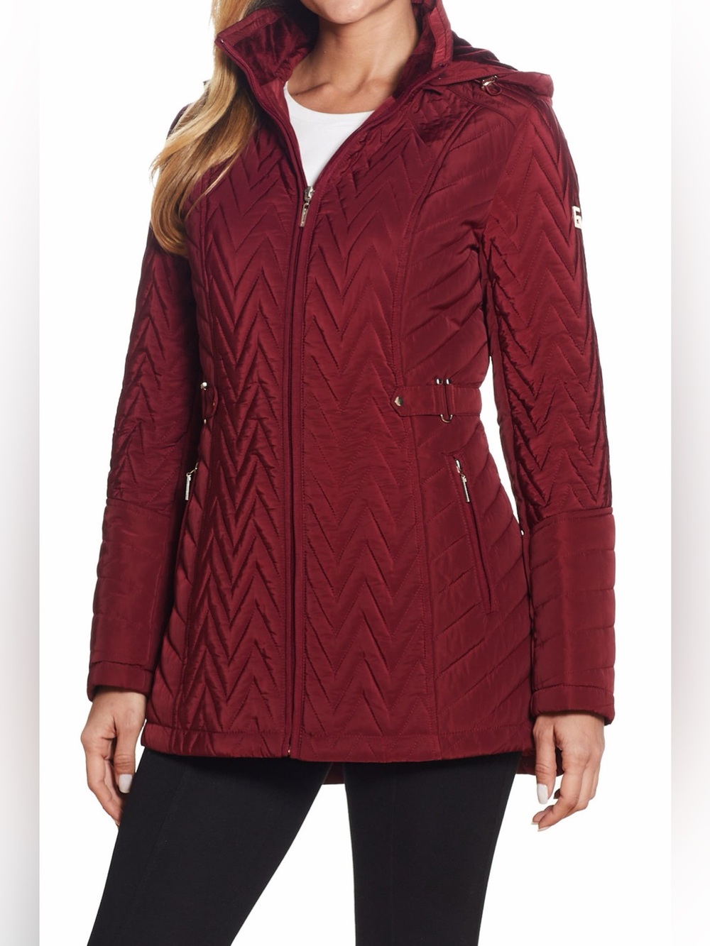 NWT Gallery Merlot Chevron Quilted Fit & Flare Hooded Jacket Coat Size L